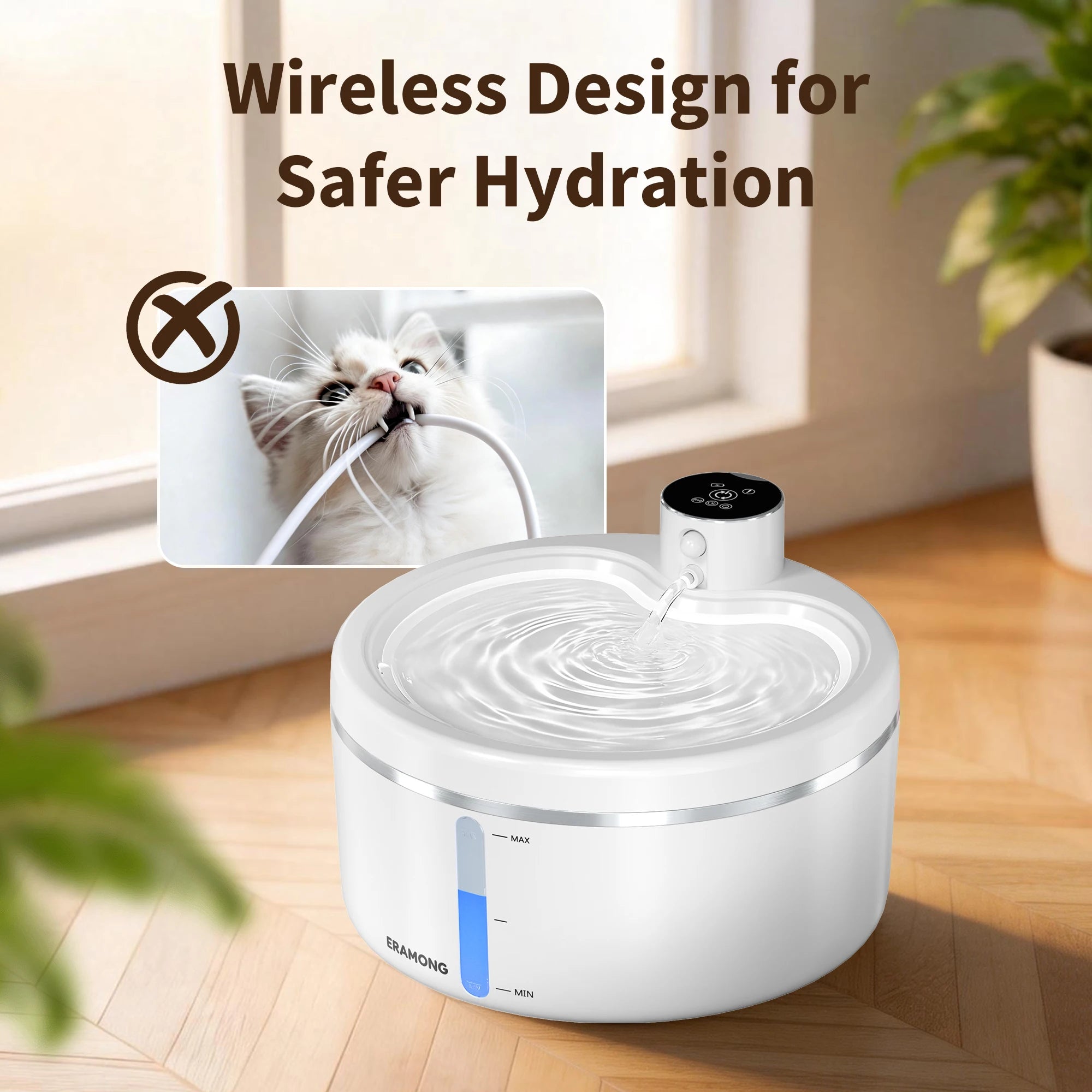 2.7L Wireless Smart Pet Water Fountain with Motion Sensor & Rechargeable Battery