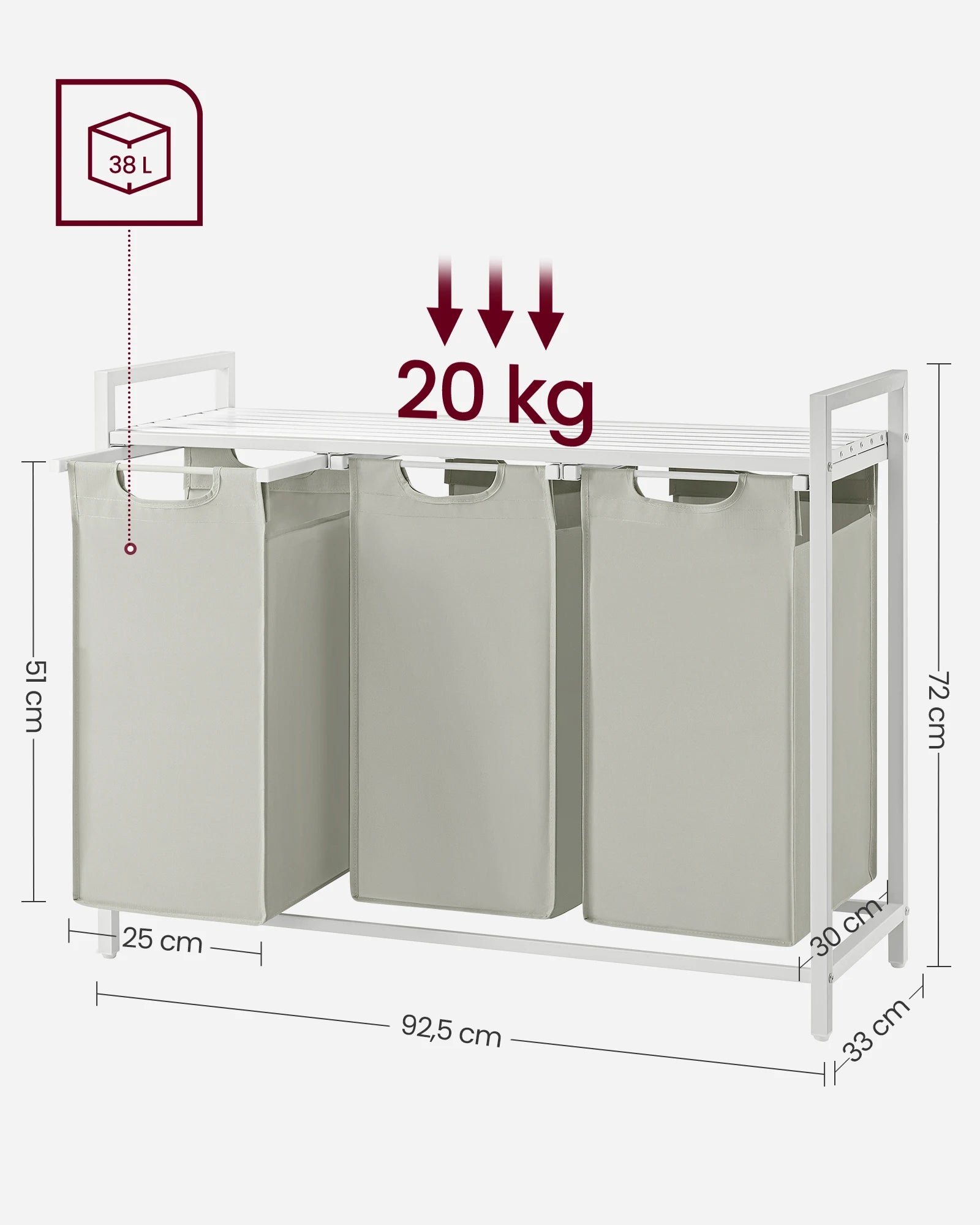 3-Compartment Laundry Hamper with Removable Bags & Top Storage Shelf