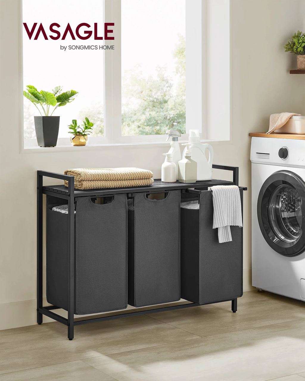3-Compartment Laundry Hamper with Removable Bags & Top Storage Shelf