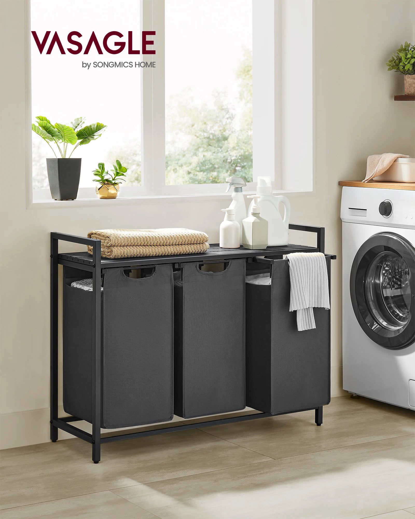 3-Compartment Laundry Hamper with Removable Bags & Top Storage Shelf