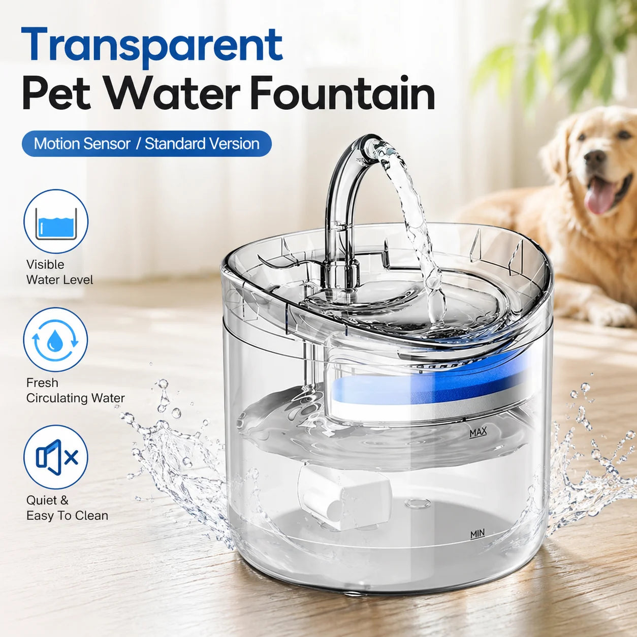 Transparent Automatic Pet Water Fountain with Motion Sensor Filter (2L)