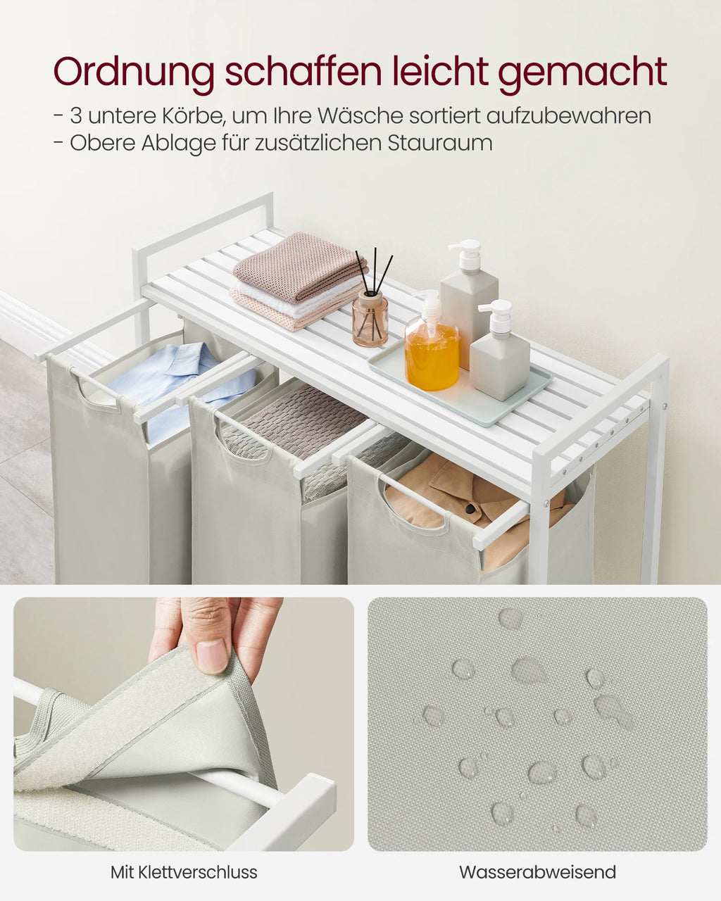 3-Compartment Laundry Hamper with Removable Bags & Top Storage Shelf