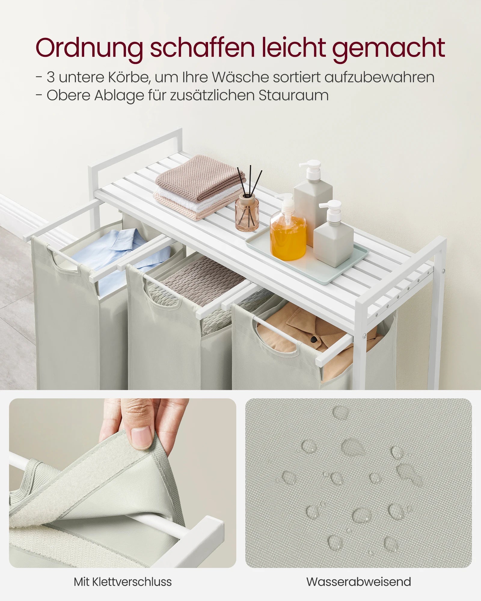 3-Compartment Laundry Hamper with Removable Bags & Top Storage Shelf
