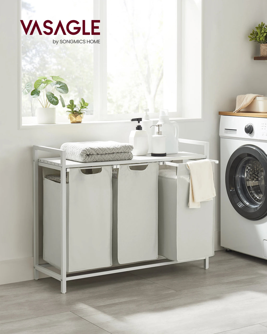 3-Compartment Laundry Hamper with Removable Bags & Top Storage Shelf